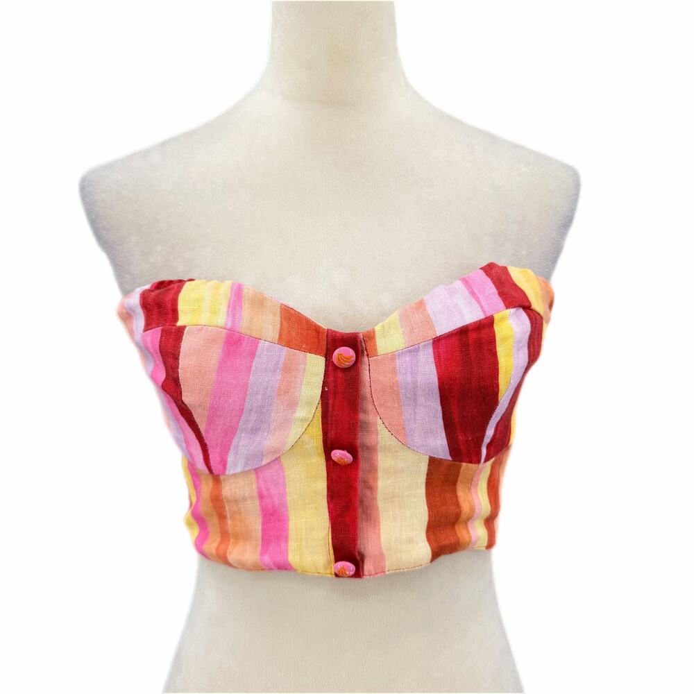 Farm Rio Sunny Stripe Red Pink Colorful 100% Linen Corset Strapless Crop Top